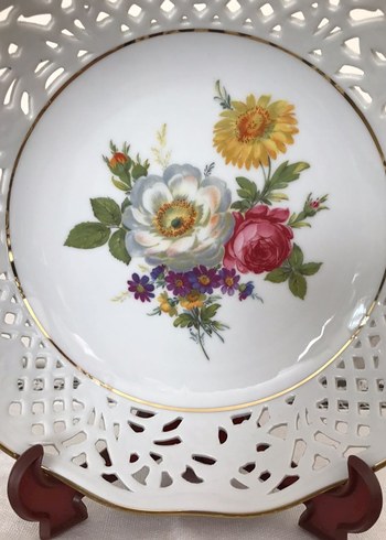 Antika Alman Çiçek Desenli Beyaz Dekoratif Tabak - Görsel 4