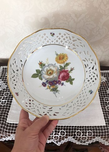 Antika Alman Çiçek Desenli Beyaz Dekoratif Tabak - Görsel 2