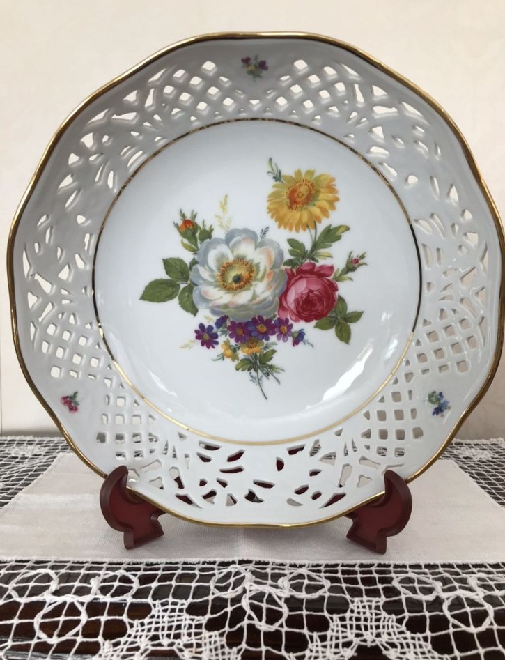 Antika Alman Çiçek Desenli Beyaz Dekoratif Tabak - Görsel 3