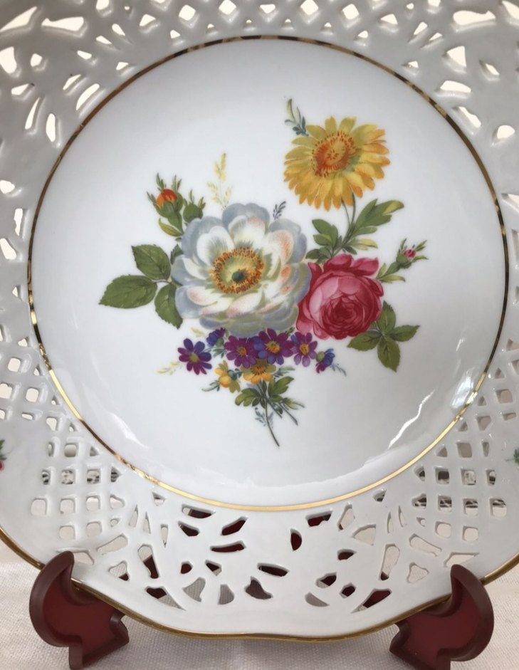 Antika Alman Çiçek Desenli Beyaz Dekoratif Tabak - Görsel 4