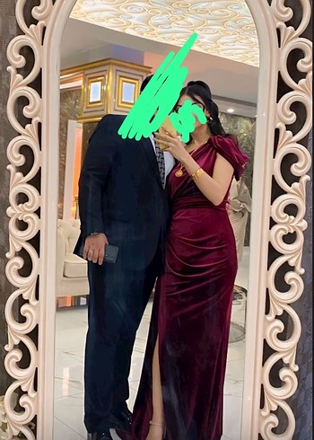 Bordo tek omuz kadife abiye Elbise - Görsel 2