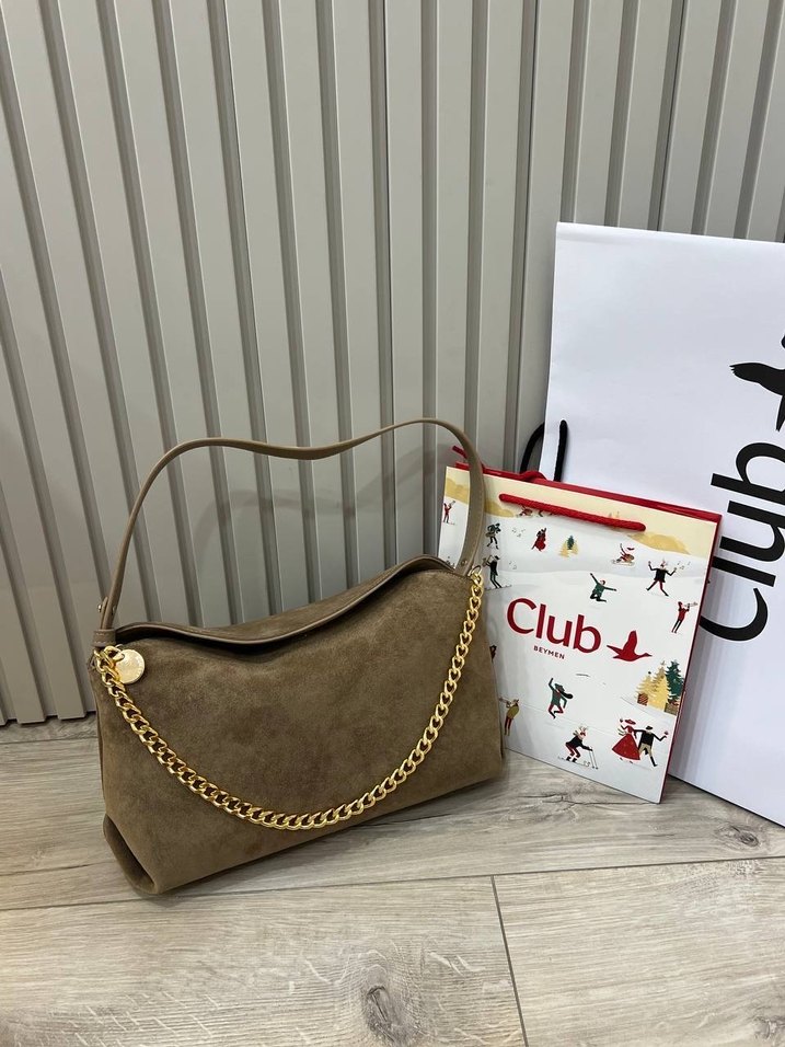 Zincir Detaylı Kahverengi Süet Omuz Çantası - Görsel 4