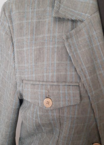 Kadın Gri Keten Düğmeli Mini Blazer - Görsel 2