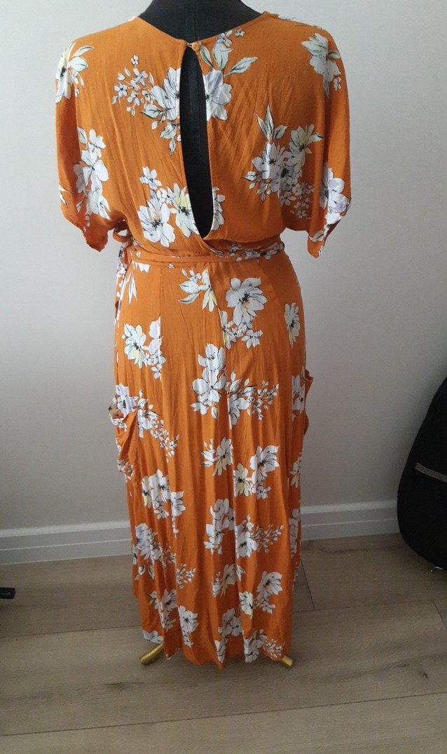 Turuncu Çiçek Desenli Uzun Bohem Elbise - Görsel 4