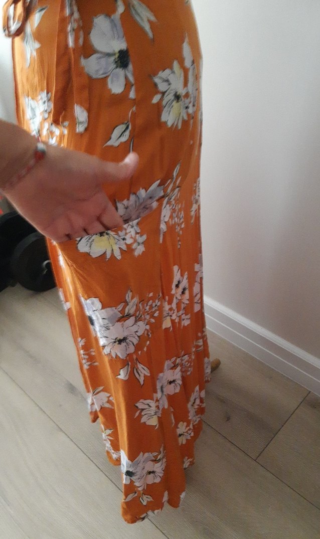 Turuncu Çiçek Desenli Uzun Bohem Elbise - Görsel 3