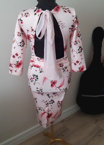 Pembe Çiçek Desenli Uzun Kollu Kalem Elbise - Görsel 2