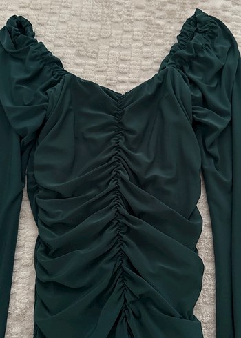 Uzun Kollu, Drapeli Yeşil Kadın Elbise - Görsel 3