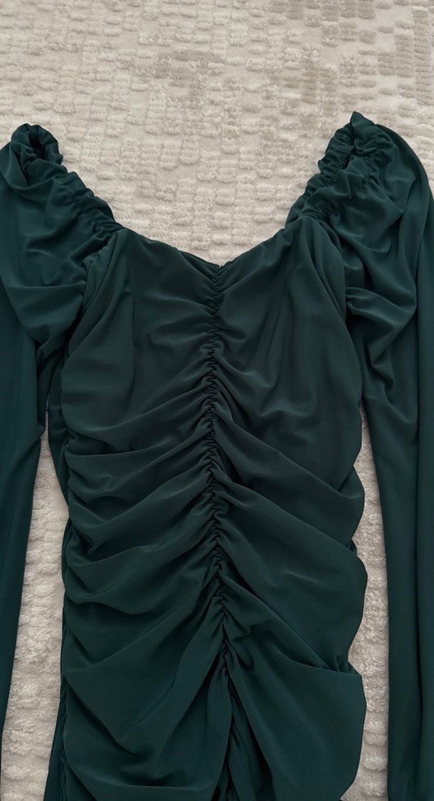 Uzun Kollu, Drapeli Yeşil Kadın Elbise - Görsel 3
