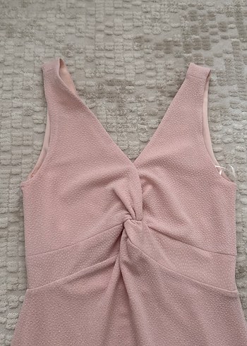 Koton Pudra Pembe Midi V Yaka Kolsuz Elbise