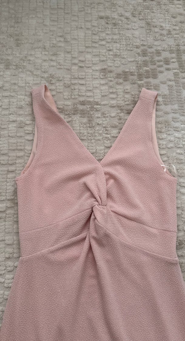 Pudra Pembe Midi V Yaka Kolsuz Elbise - Görsel 2