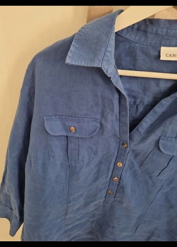 Düğmeli Keten Mavi Kadın Gömlek - Görsel 3