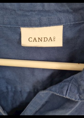 Düğmeli Keten Mavi Kadın Gömlek - Görsel 2