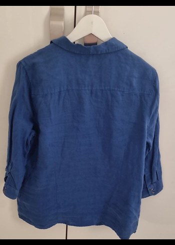 Düğmeli Keten Mavi Kadın Gömlek - Görsel 4