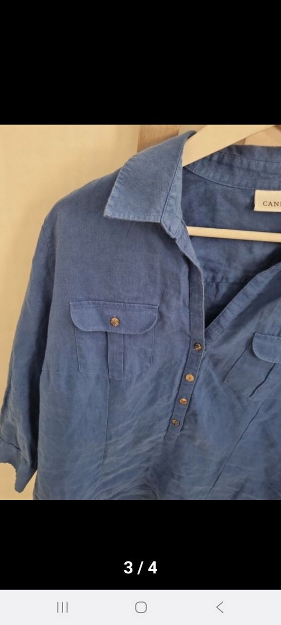 Düğmeli Keten Mavi Kadın Gömlek - Görsel 3