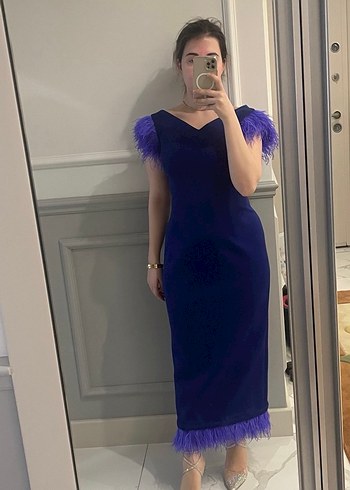 Püsküllü Midi Mavi Abiye Elbise - Görsel 2