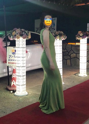 Yeşil V Yakalı Drapeli Uzun Abiye Elbise - Görsel 2