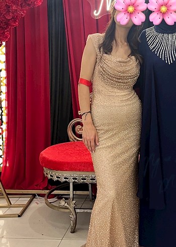 Bej Uzun Drapeli Abiye - Görsel 5