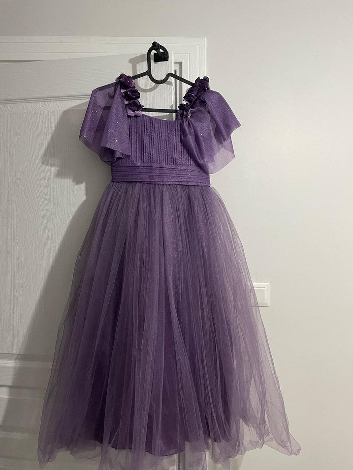 Mor Fırfırlı Modern Klasik Kız Çocuk Elbisesi - Görsel 2