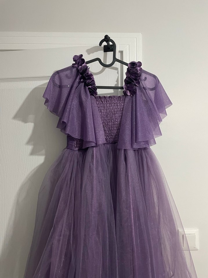 Mor Fırfırlı Modern Klasik Kız Çocuk Elbisesi - Görsel 3