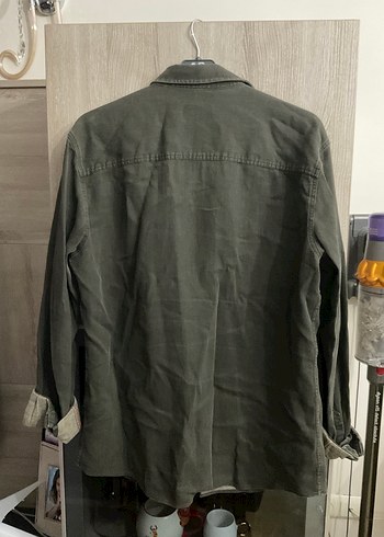 Asker Yeşili Denim Erkek Gömlek, Düğmeli, Salaş Kesim - Görsel 3