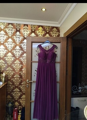 M?rdüm rengi ta?lı uzun abiye elbise 38 beden 