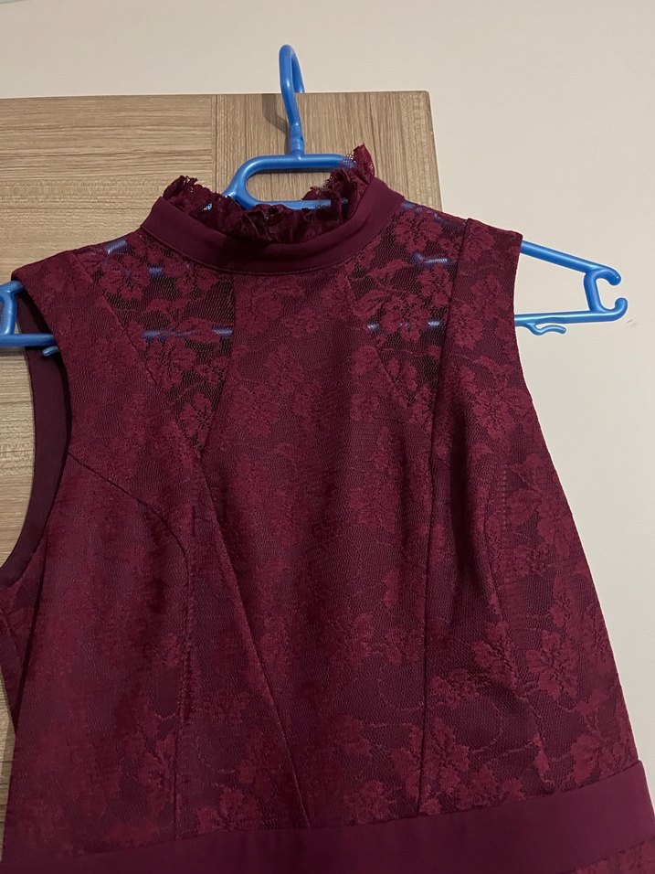 Bordo Dantel Detaylı Midi Elbise - Görsel 2