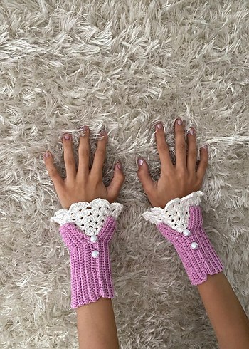 Dantel Detaylı Pembe Örgü Eldiven - Görsel 3