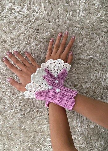 Dantel Detaylı Pembe Örgü Eldiven - Görsel 2
