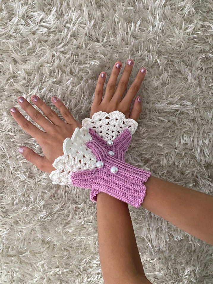 Dantel Detaylı Pembe Örgü Eldiven - Görsel 2