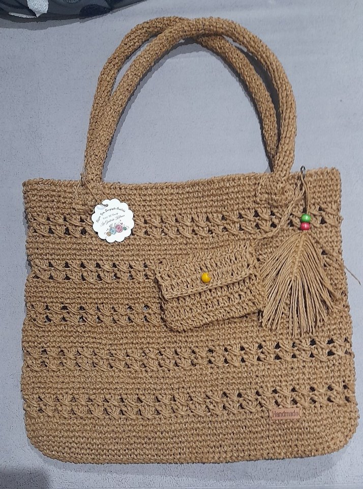 Püsküllü Örgü Bohem Hasır Renklj Kadın Çanta - Görsel 3