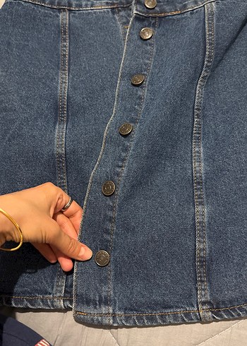 Düğmeli Mavi Kot Mini Etek - Görsel 3