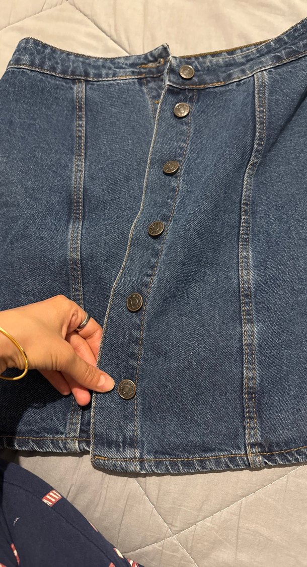 Düğmeli Mavi Kot Mini Etek - Görsel 3