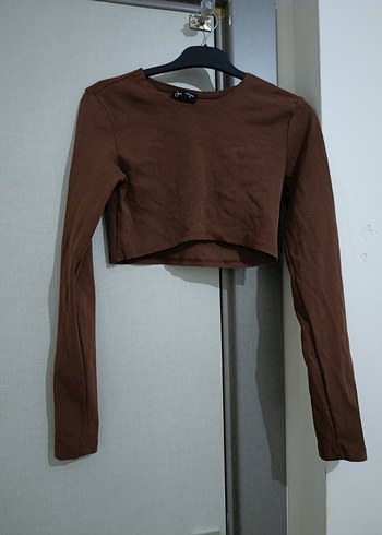 Kadın Kahverengi Süet Uzun Kollu Crop Top - Görsel 3