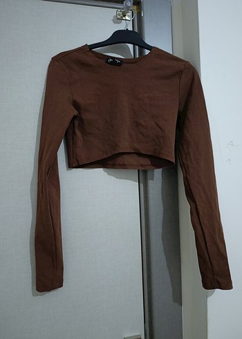 Kadın Kahverengi Süet Uzun Kollu Crop Top - Görsel 2