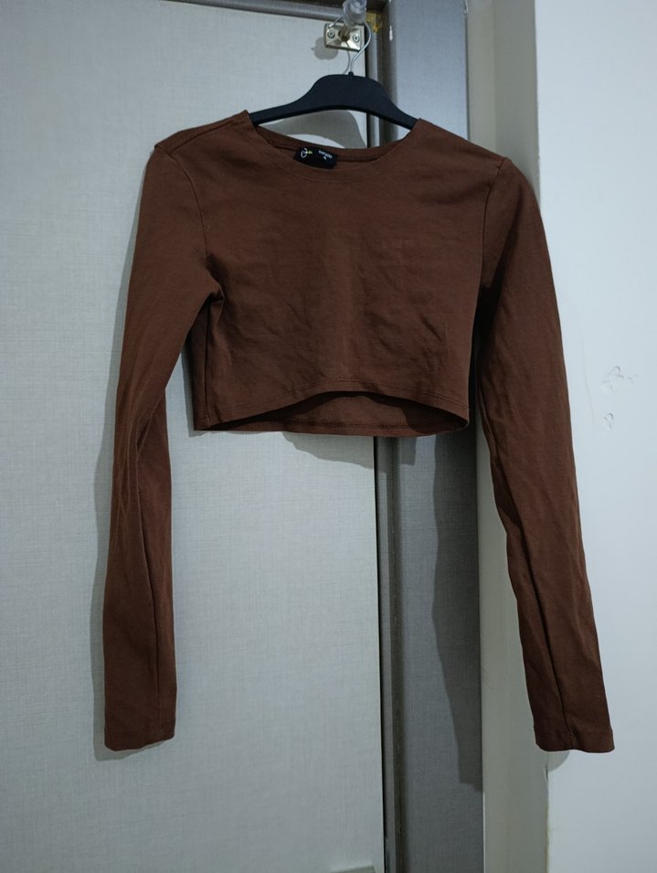 Kadın Kahverengi Süet Uzun Kollu Crop Top - Görsel 3