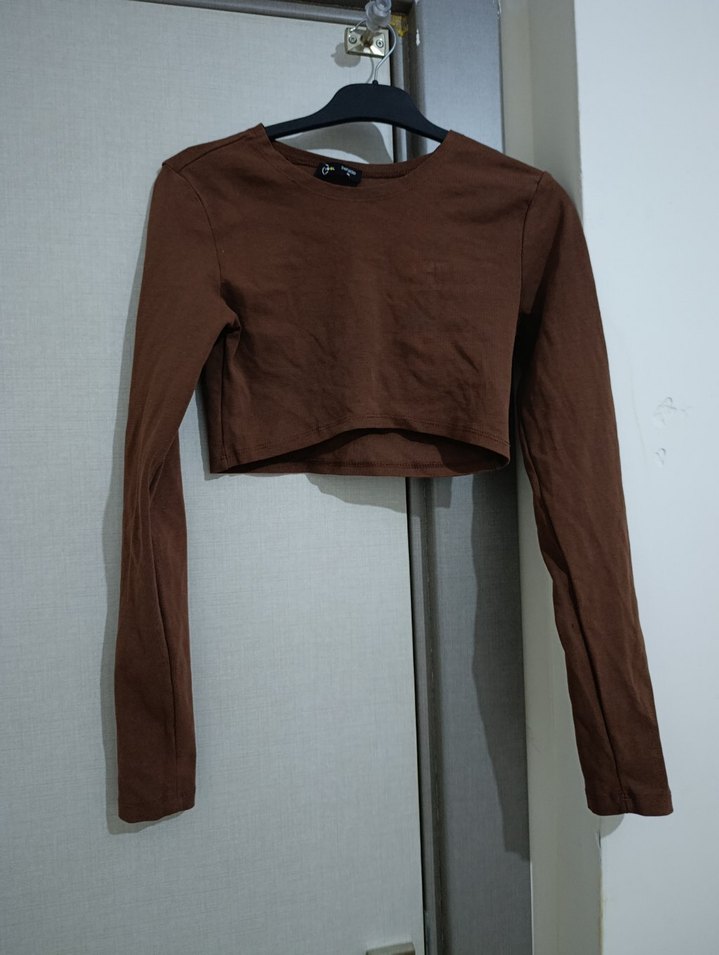 Kadın Kahverengi Süet Uzun Kollu Crop Top - Görsel 2