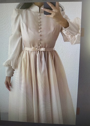 Abiye Bej Vintage Piliseli Uzun Elbise