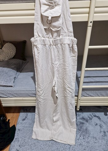 Kadın Keten Beyaz Kemerli Uzun Tulum