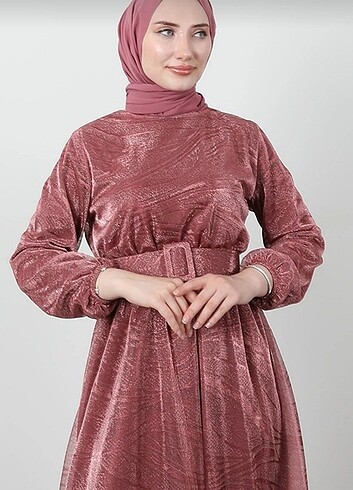 Gizia SİMLİ KEMERLİ GÜL KURUSU TÜL ELBİSE