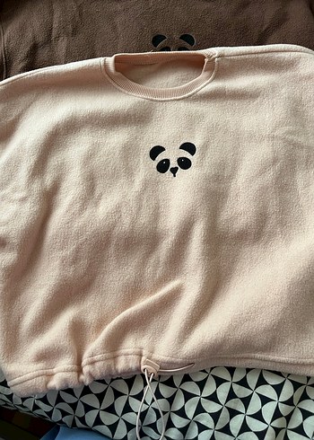 LC Waikiki Kadın Bej Peluş Sweatshirt Panda Baskılı