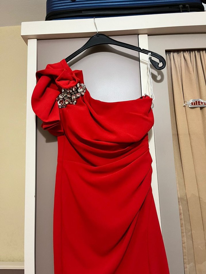 Kırmızı Drapeli Uzun Abiye Elbise - Görsel 2