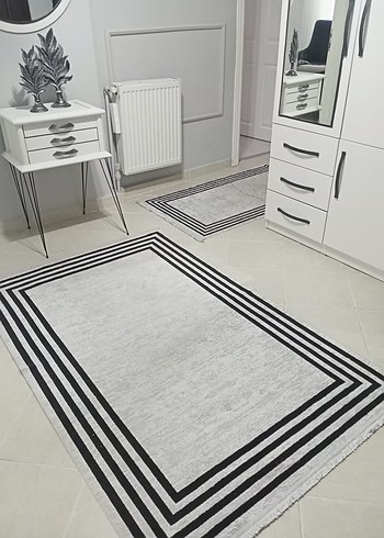 Gri Çizgili Modern Halı 2 tane yolluk ve halı