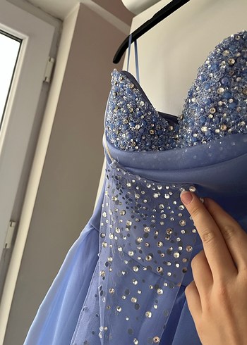 36 Beden mavi Renk Mavi Straplez Uzun Abiye Elbise