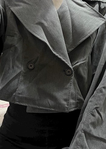 Düğmeli Keten Gri Midi Ceket - Görsel 2