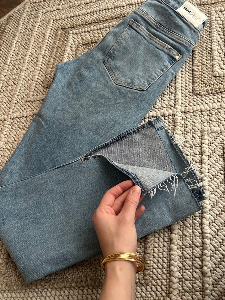 Paça detaylı straight fit Kadın Gri Denim Midi Pantolon - Görsel 2