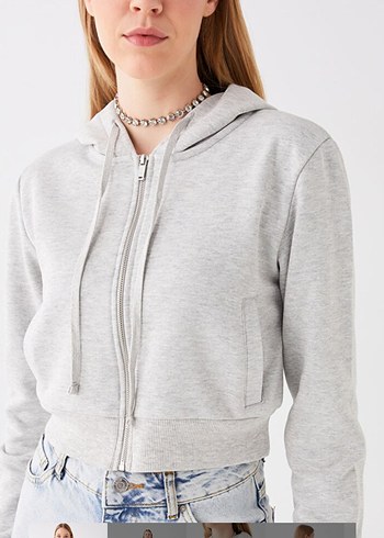 m Beden gri Renk LCW Gri Kapüşonlu Crop Fermuarlı Sweatshirt