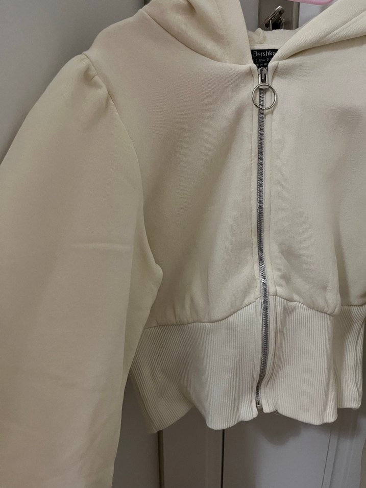 Kadın Beyaz Bele Oturan Fermuarlı Sweatshirt - Görsel 2