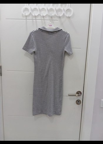 Gri Çizgili Polo Yaka Midi Elbise - Görsel 3