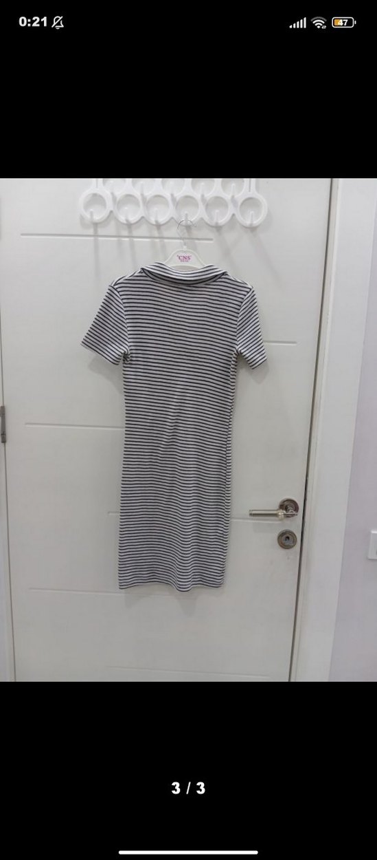 Gri Çizgili Polo Yaka Midi Elbise - Görsel 3