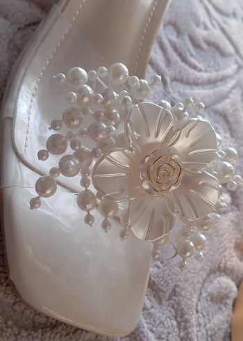 Beyaz Boncuklu Düğün Terliği Blok Topuk - Görsel 3